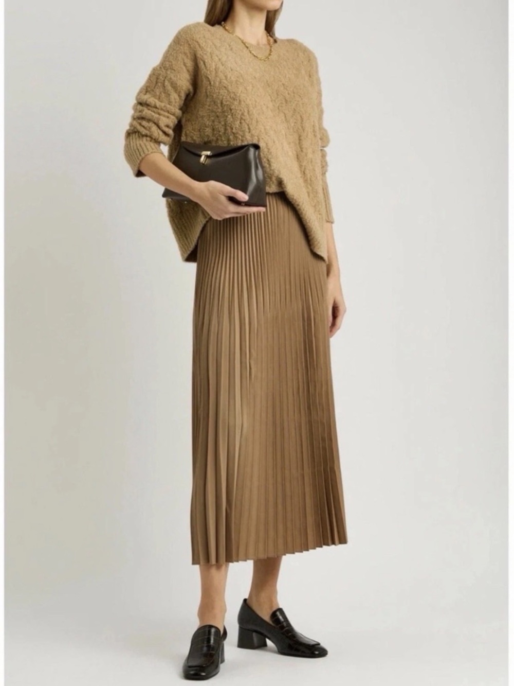 Eileen Fisher Woven Wool Silk Pleated A-Line Skirt | Biscuit | Size L